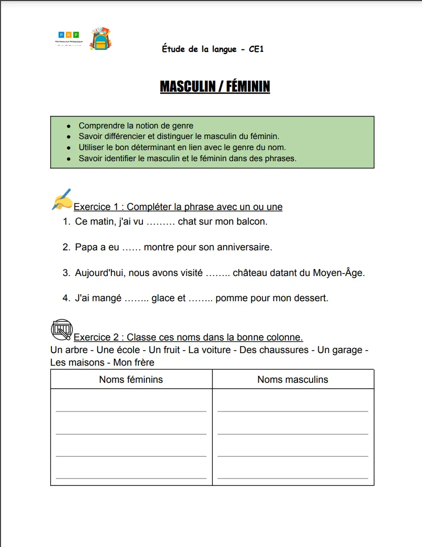 Exercices masculin féminin ce1
