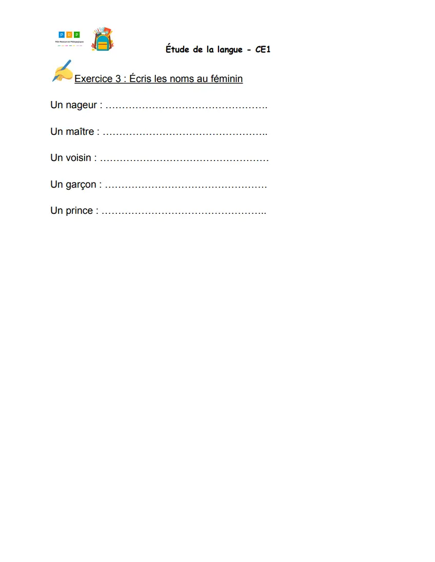 Exercices masculin féminin ce1
