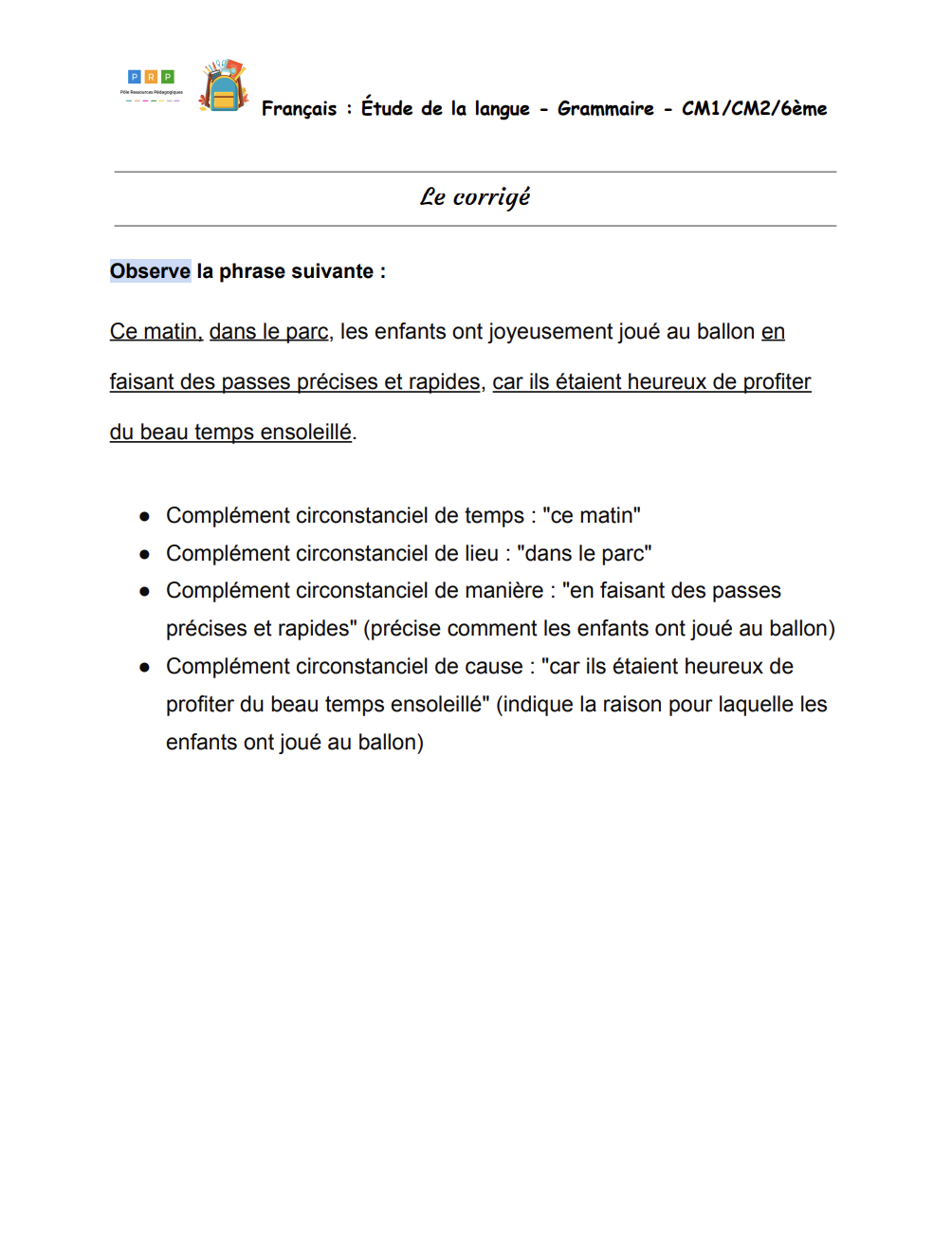 les compléments circonstanciels exercices corrigés pdf