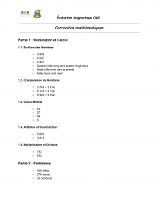 evaluation diagnostique mathematiques cm2